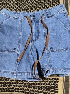 Light Blue Denim Utility Jean Shorts with Brown Drawstring